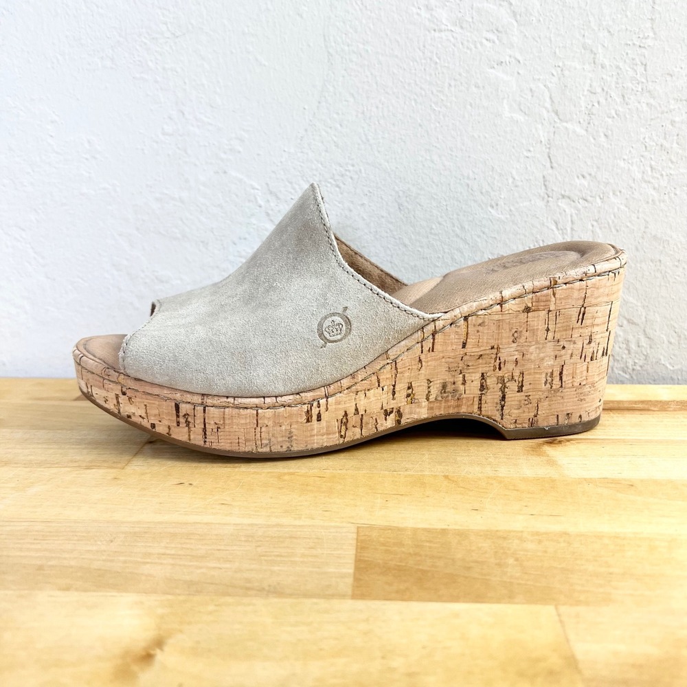Born Sandals Wedge Lilah Size 7 Taupe Suede Open Toe Cork Platform Slide Slip On